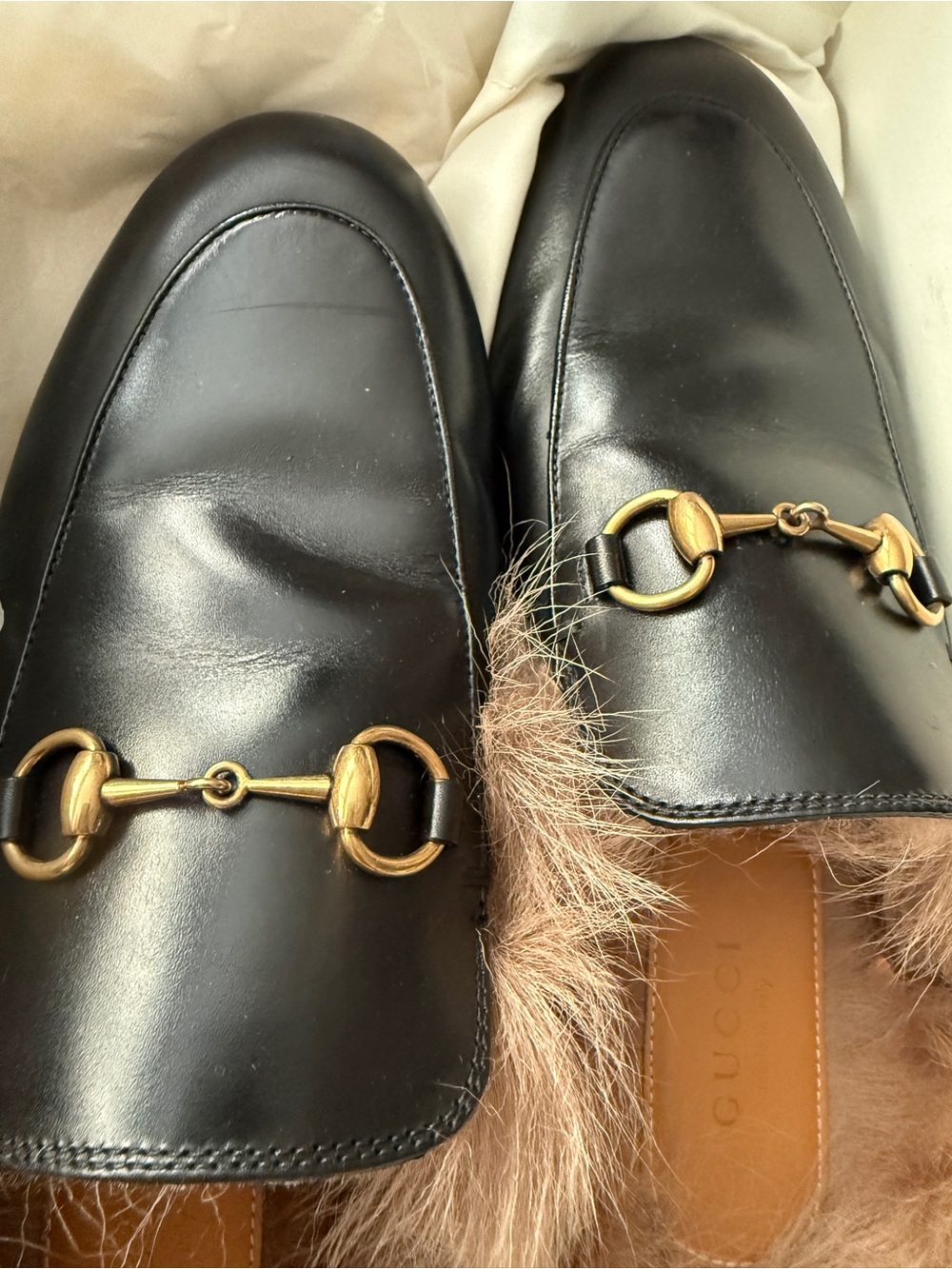 Gucci Black Leather Fur-Trim Horsebit Mules Size 7 Great Condition - Picture 2 of 4